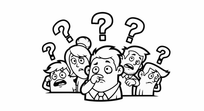 Confused group of cartoon people with question marks above them