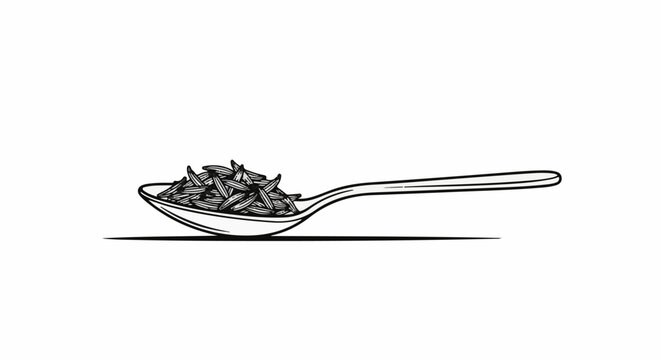 Close-up illustration of a spoon filled with cumin seeds, with a shadow