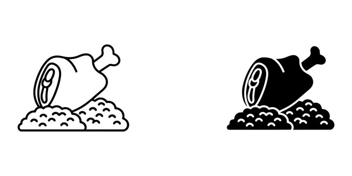 Ham hock with side dish linear and silhouette icons set of smoked pork knuckle on bed of cabbage or rice German cuisine meat dish symbols collection isolated vector illustrations on white background.