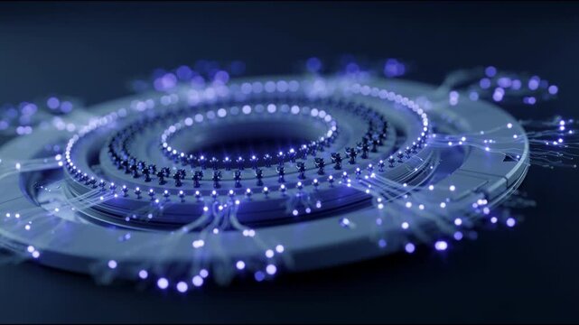 Futuristic quantum processor with glowing blue data fiber optics