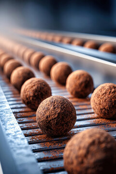 Close-up view of chocolate truffles on a conveyor belt highlight