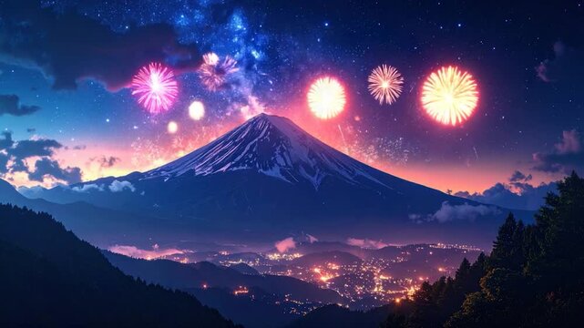 Vibrant fireworks explode over a snow-capped mountain, illuminating the night sky with city lights below