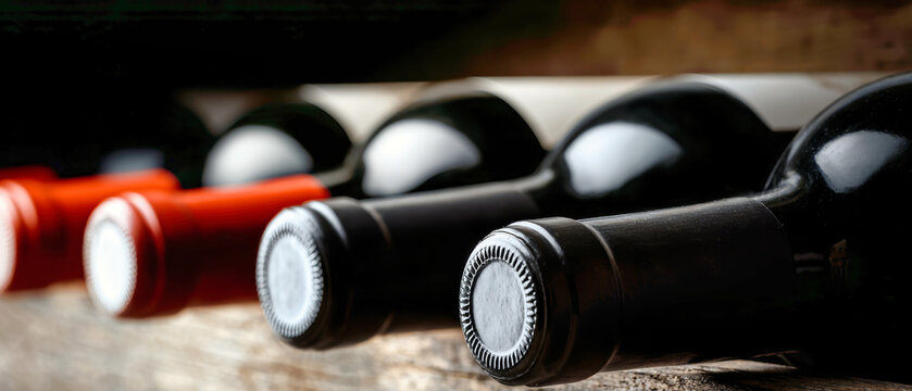 Wine bottles rest horizontally on a dark wooden shelf. The close