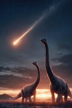 Two diplodocus dinosaurs look up as a meteorite burns bright in