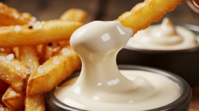 Delicious golden french fries being dipped into creamy mayonnaise sauce.