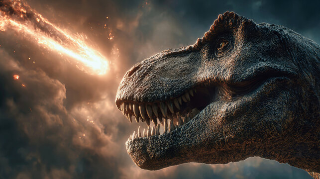 A close-up of a Tyrannosaurus rex shows it fleeing as a fiery me