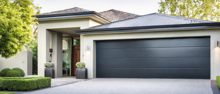 Modern garage entrance with elegant landscaping and clean lines