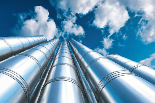 Factory chimneys rise against a clear blue sky with fluffy cloud