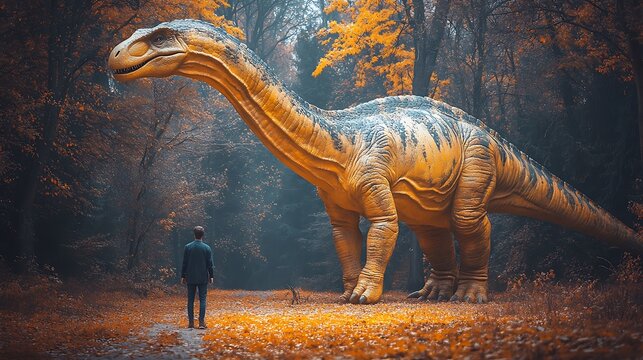 Man encounters giant dinosaur in mystical autumn forest with imagination concept.
