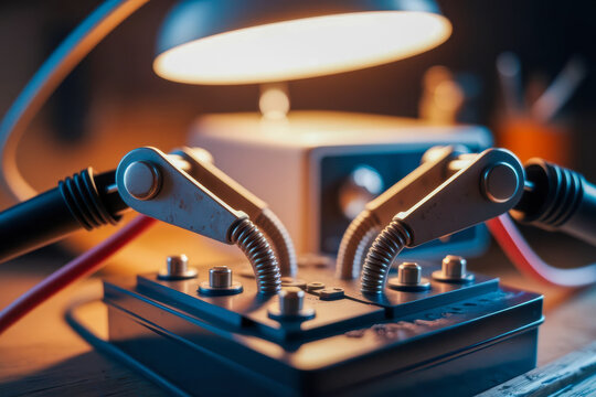 A close-up of a vintage electrical device with metal clamps and cables, illuminated by a warm desk lamp in a cozy, dimly lit environment.
