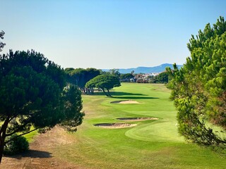 Fototapeta premium beautiful golf course landscape on a sunny day - drone view
