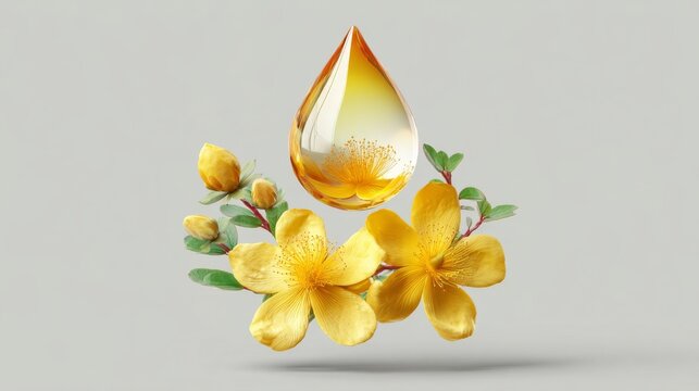 Golden drop of oil with vibrant yellow flowers on a soft gray background.