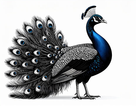 Elegant peacock bird illustration with fanned tail on white
