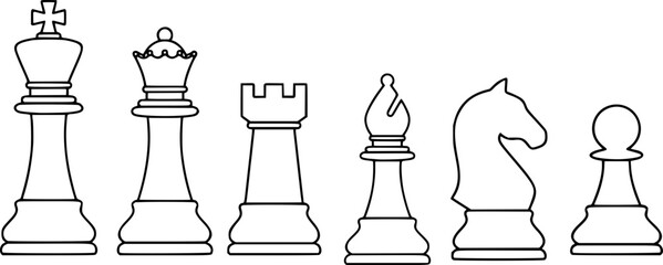 Chess pieces line icon set - King, Queen, Rook, Bishop, Knight, and Pawn outlines. © SarfarazAhmed