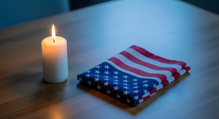 Obraz premium Folded American flag and burning candle on wooden table for 4th of July Independence Day remembrance