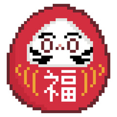 Fototapeta premium Traditional red Japanese Daruma doll pixel art lucky icon
