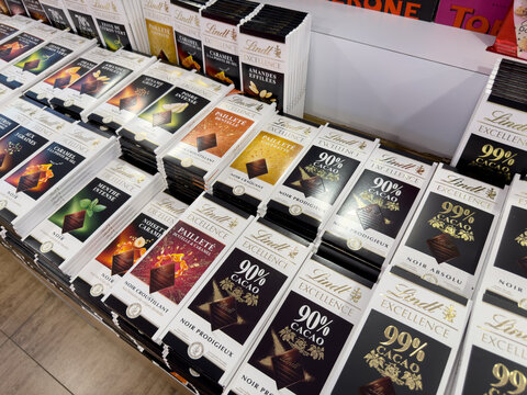 KEDAH, MALAYSIA - MAR 18, 2026: Assorted Lindt Excellence chocolate bars displayed on retail store shelf.
