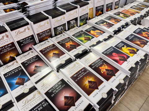 KEDAH, MALAYSIA - MAR 18, 2026: Close up of Lindt Excellence dark chocolate bars displayed on a retail store shelf.