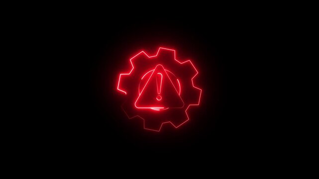 Cybernetic Alert: A striking neon symbol of an exclamation mark, within a gear, pulsating with an urgent red light against a stark black backdrop, signaling potential hazard and warnings.
