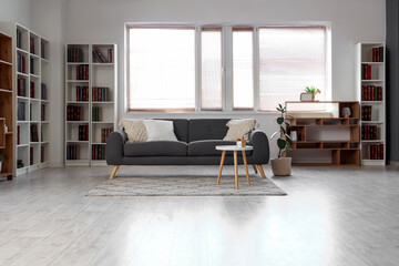 Modern grey sofa and bookshelves with many books in living room © Pixel-Shot