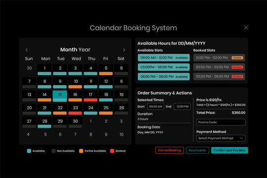 Sleek dark mode calendar booking UI system featuring date selection and available time slots. Professional dark theme interface for scheduling and reservation management.