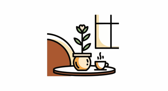 Cozy corner with a potted plant, steaming cup, and window view