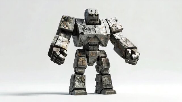 Stone-like, blocky humanoid stands, arms raised, against a white background