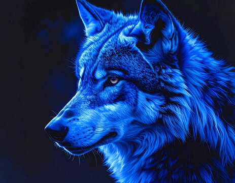 Close up portrait of a wolf with glowing blue fur
