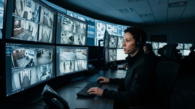 Focused specialist working in a modern command center with digital surveillance technology.
