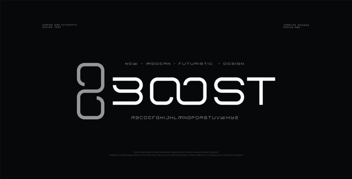 Boost universal font. Fast sport, futuristic, technology, future alphabet. Letters and numbers for military, industrial, electric car racing logo design. Modern minimalistic vector typeface