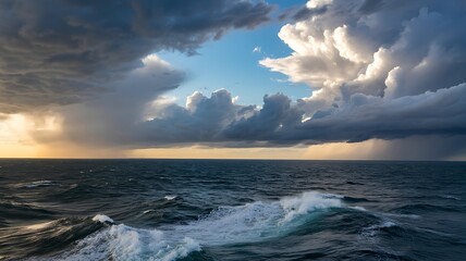 Fototapeta premium Dramatic Skies Over the Sea: A tempestuous sky clashes with a churning sea, creating a mesmerizing scene of natural power. The interplay of light and shadow, combined with the motion of the waves.