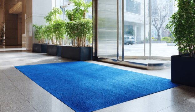 Bright blue mat placed in a modern office lobby with plants