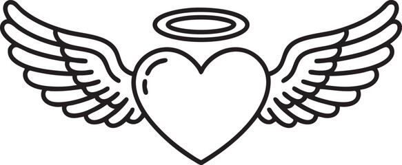 Naklejka premium Heart with wings and halo in minimalist line art for love symbol