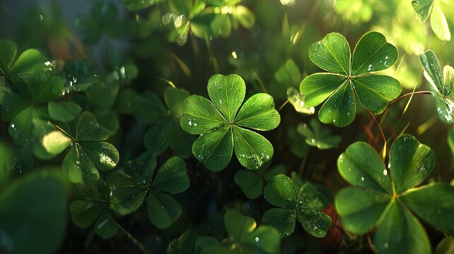 Close-up of vibrant green four-leaf clover illuminated by sunlight and water droplets.