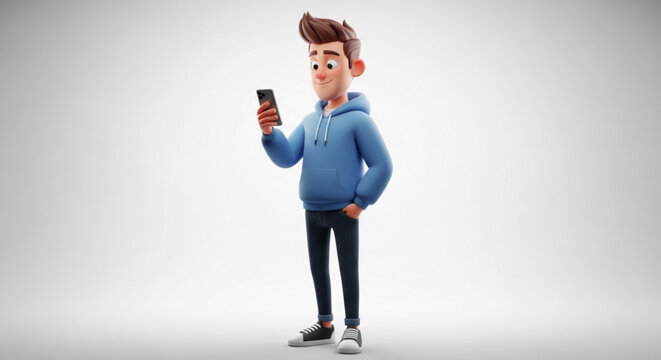 A cartoon man in a blue hoodie holding a smartphone and smiling