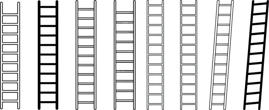 Collection of ladder icons with step ladder extension ladder rolling ladder black and white illustration collection equipment climbing
