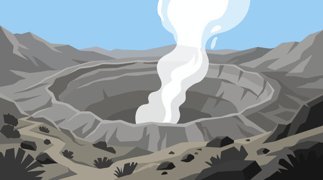 Volcanic eruption occurs at mountain crater landscape with smoke rising