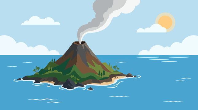 Volcanic eruption occurs on a small island surrounded by blue ocean under sunny sky.