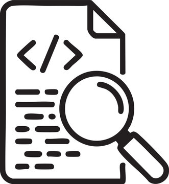 Black coding document icon with magnifying glass in line style for software development