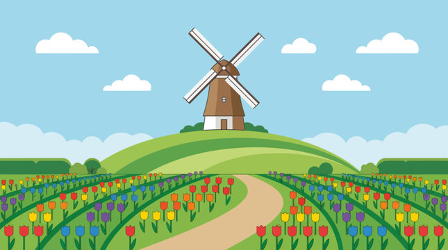A serene landscape with a brown windmill on a green hill surrounded by vibrant tulip fields under a blue sky.