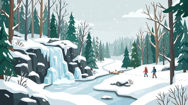People ski near frozen waterfall in snowy forest landscape with trees