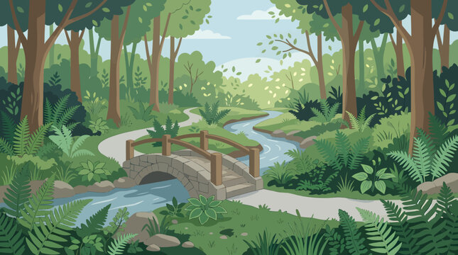 A serene forest scene with a small bridge over a stream running through it