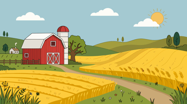 A sunny farm scene unfolds with a red barn standing among golden wheat fields and green pastures under a blue sky.