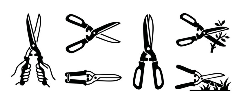 Garden shears icon set, pruning shears and hedge trimmer collection, silhouette graphic elements for gardening, landscaping tool symbols, black isolated design vectors for seasonal yard maintenance wo