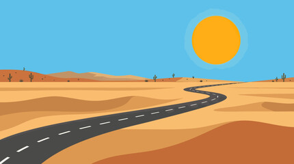 Fototapeta premium A desert landscape with a winding road under a bright sun