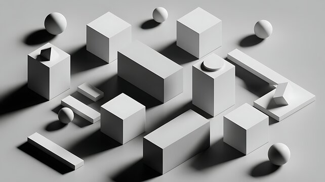 Geometric Harmony: An artistic composition of pristine geometric shapes, including cubes, spheres, and rectangular prisms, arranged on a neutral surface.
