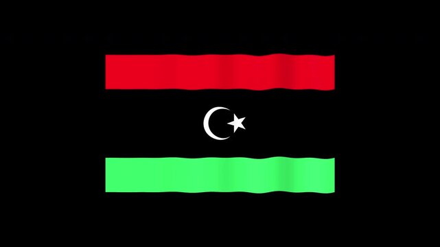 Libyan national flag: a seamless 2D motion graphic loop. Authentic red, black, green, and white gently waving, isolated on a transparent alpha channel.