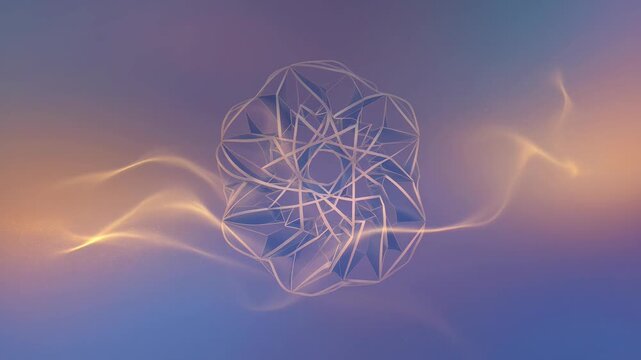 Rotating geometric wireframe crystal with glowing light waves on abstract gradient backdrop.