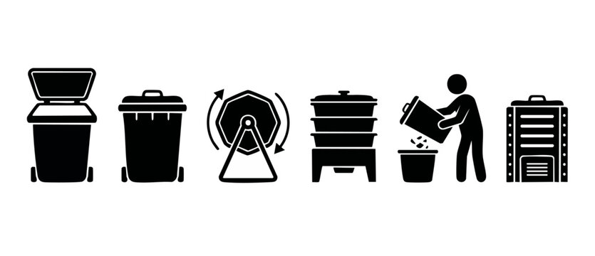 Waste management and recycling icons set, trash cans and composting equipment, professional black glyph vectors for ecology, environment protection, garbage disposal, sustainability, and zero waste co