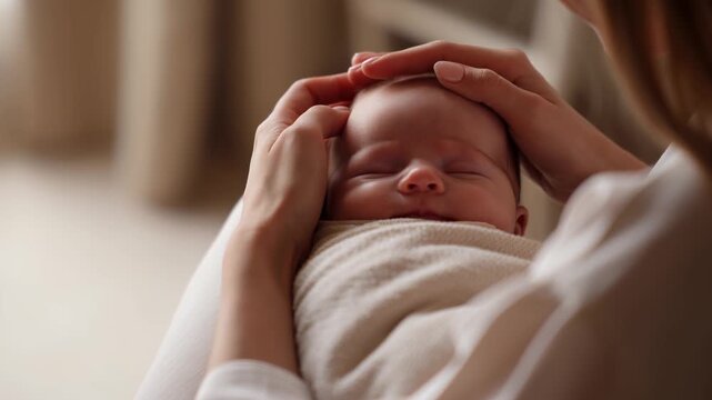 Close-up of mother hands gently touching head of sleeping newborn baby. Woman holding resting infant wrapped in soft blanket. Tender motherhood and family care concept